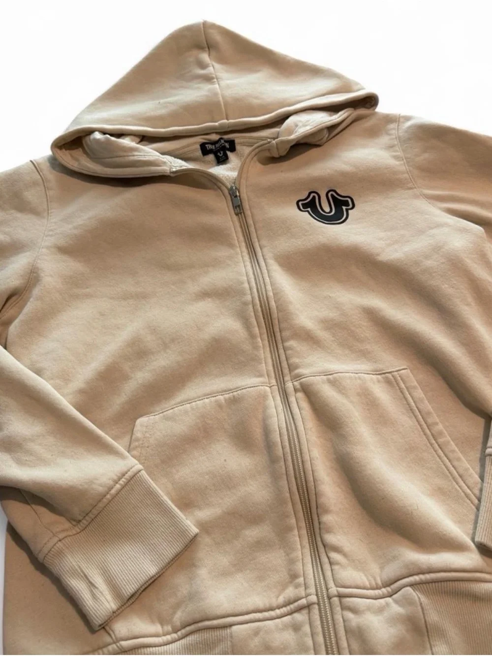 True Religion Men's Cream Hoodie with Navy Logo